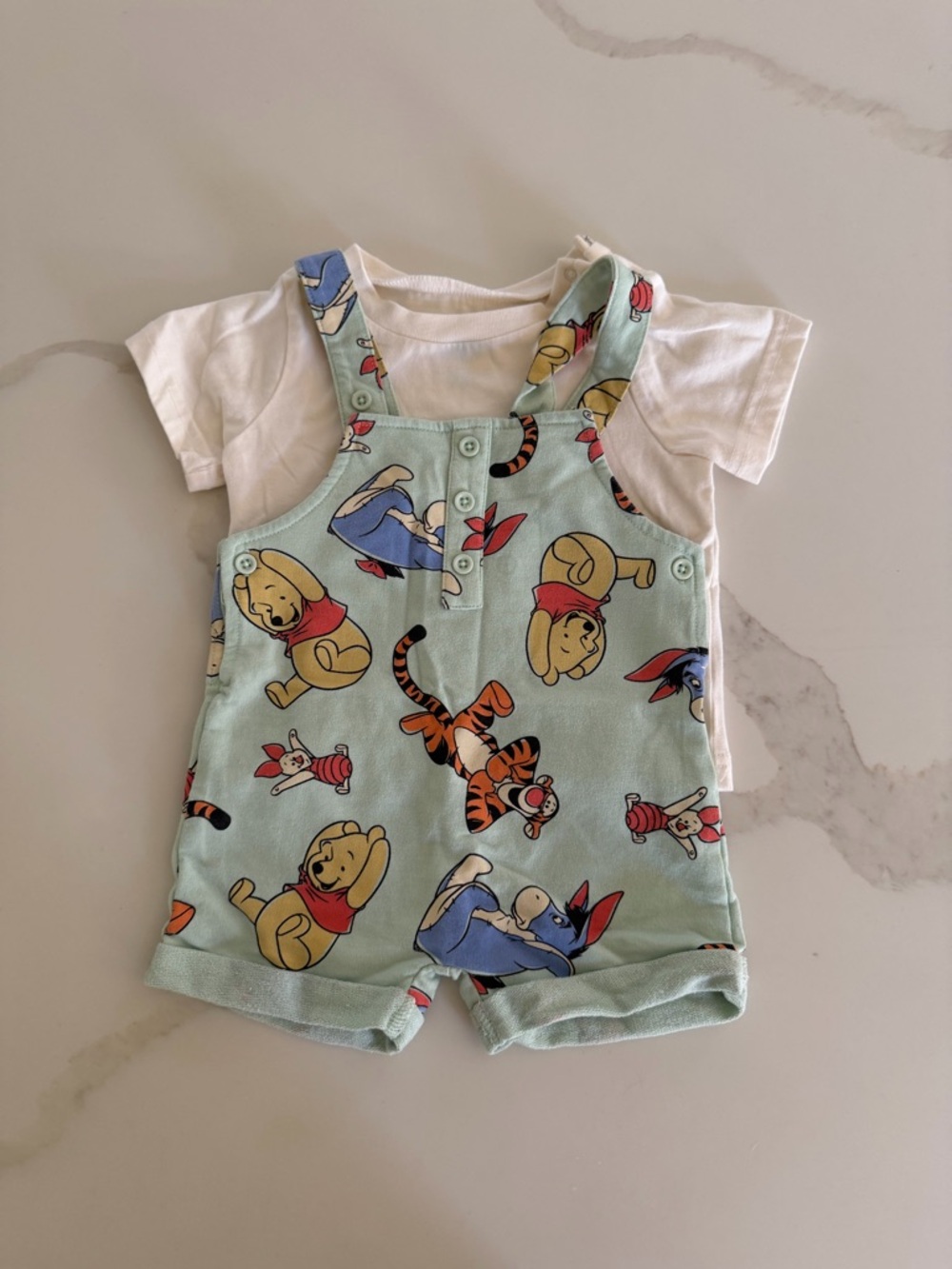 Disney Mint Green Winnie the Pooh Short Overalls Set